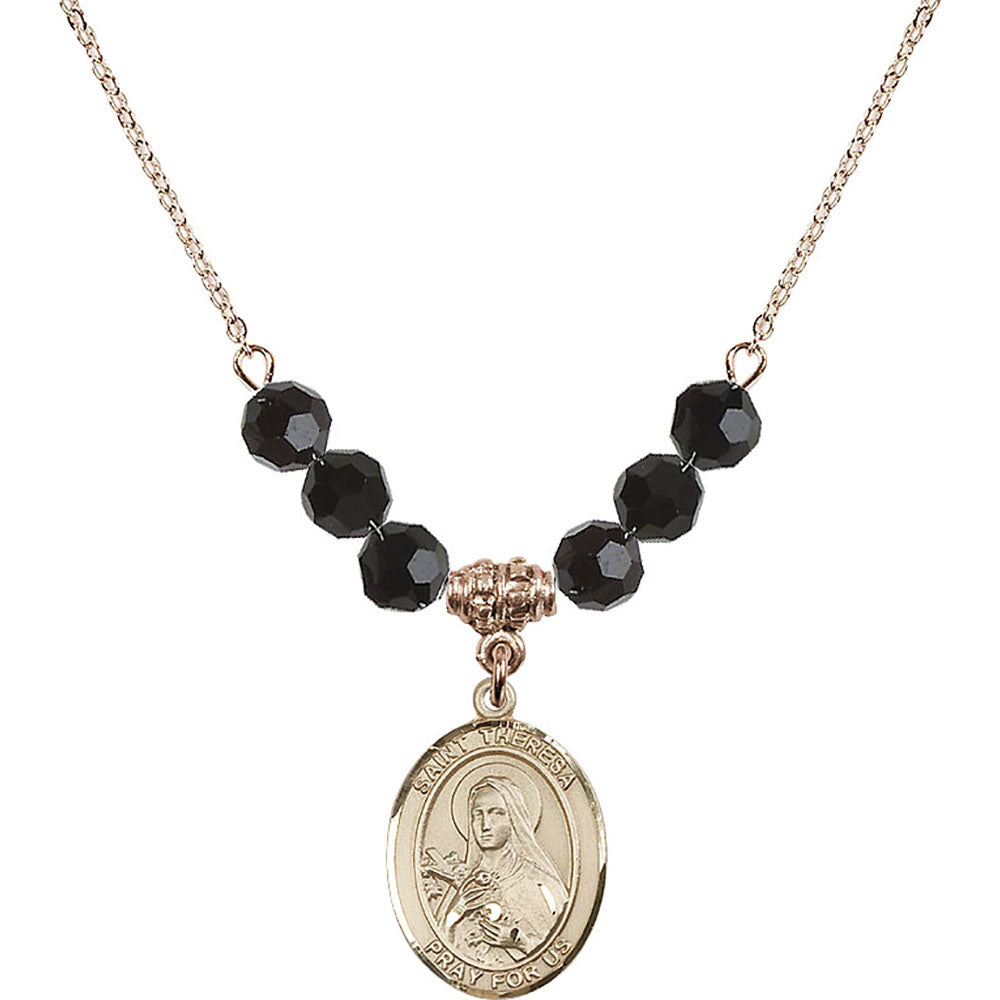 14kt Gold Filled Saint Theresa Birthstone Necklace with Jet Beads - 8106