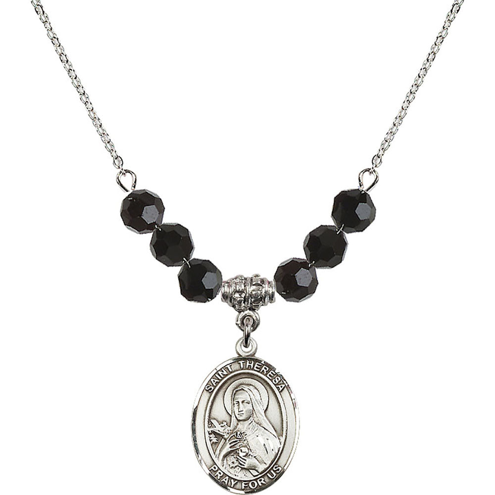 Sterling Silver Saint Theresa Birthstone Necklace with Jet Beads - 8106