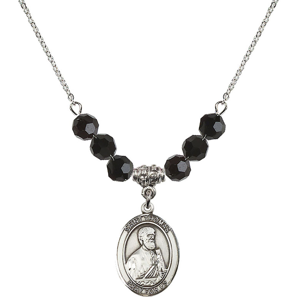 Sterling Silver Saint Thomas the Apostle Birthstone Necklace with Jet Beads - 8107