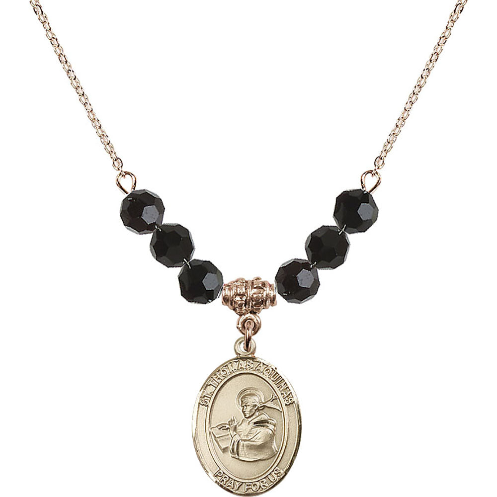 14kt Gold Filled Saint Thomas Aquinas Birthstone Necklace with Jet Beads - 8108
