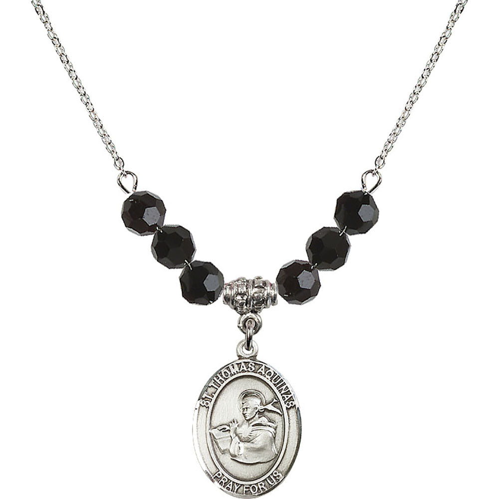 Sterling Silver Saint Thomas Aquinas Birthstone Necklace with Jet Beads - 8108