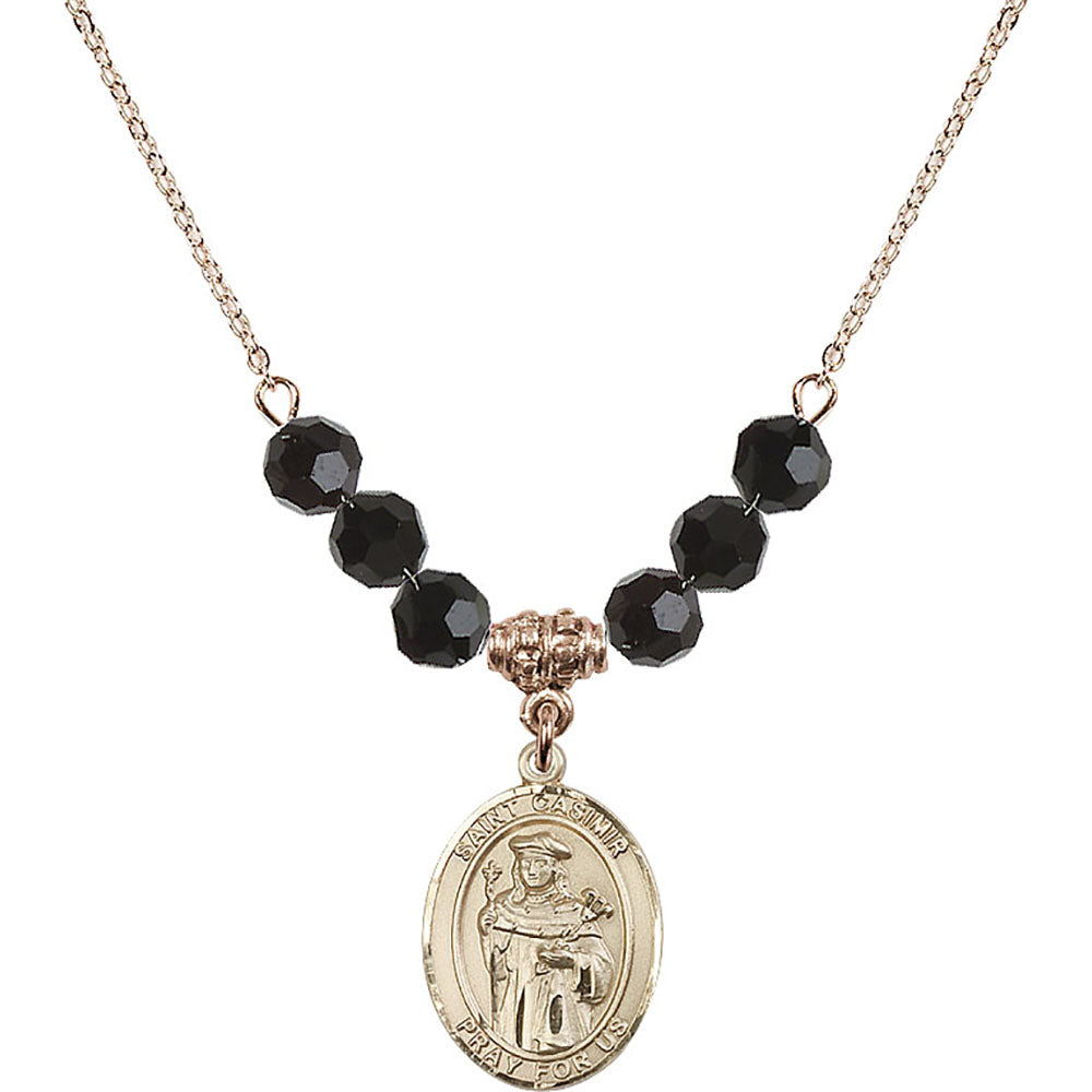 14kt Gold Filled Saint Casimir of Poland Birthstone Necklace with Jet Beads - 8113