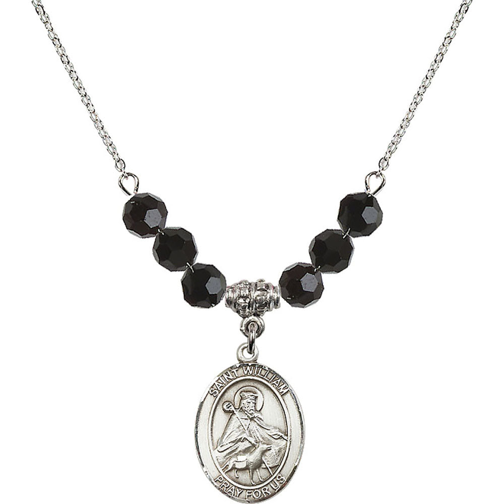 Sterling Silver Saint William of Rochester Birthstone Necklace with Jet Beads - 8114