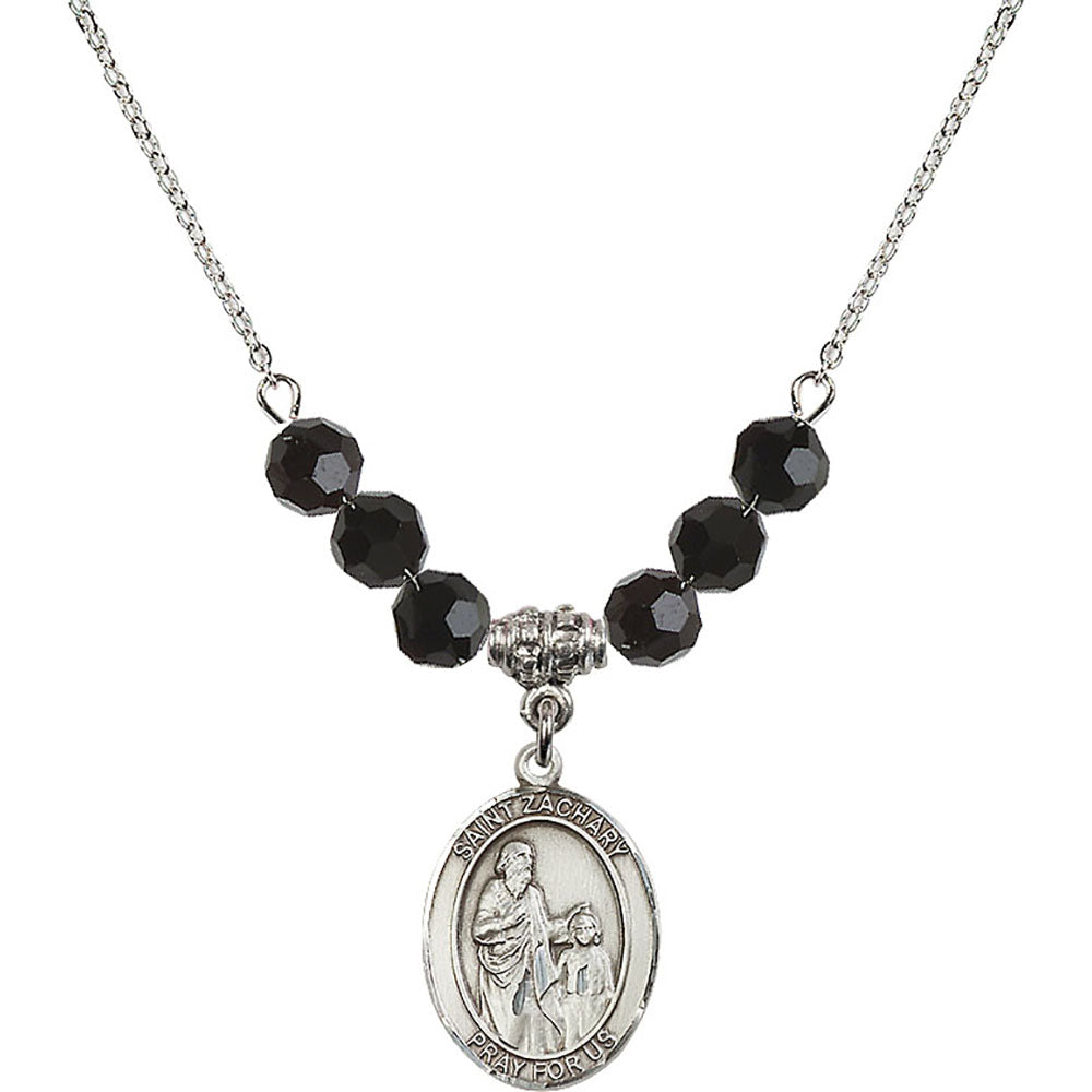 Sterling Silver Saint Zachary Birthstone Necklace with Jet Beads - 8116
