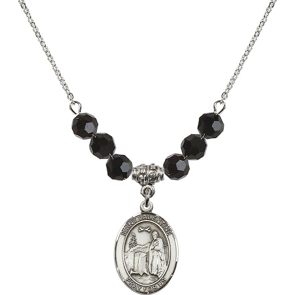Sterling Silver Saint Valentine of Rome Birthstone Necklace with Jet Beads - 8121