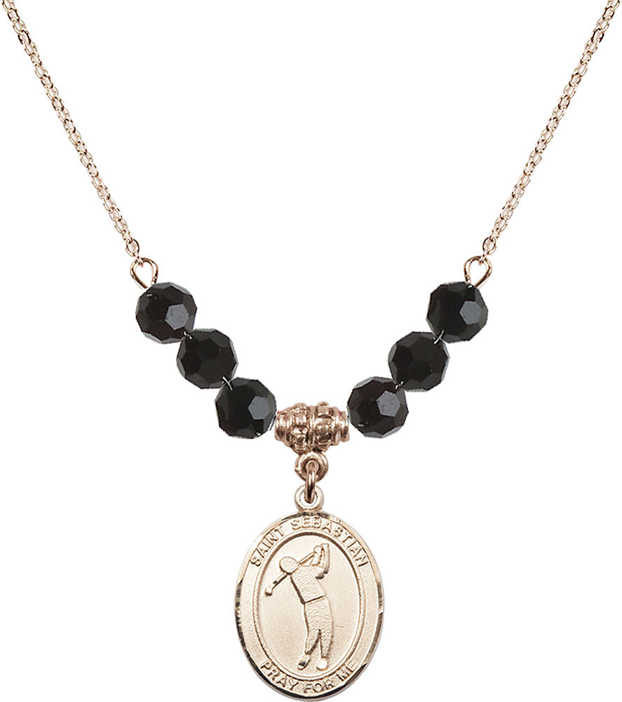 14kt Gold Filled Saint Sebastian/Golf Birthstone Necklace with Jet Beads - 8162
