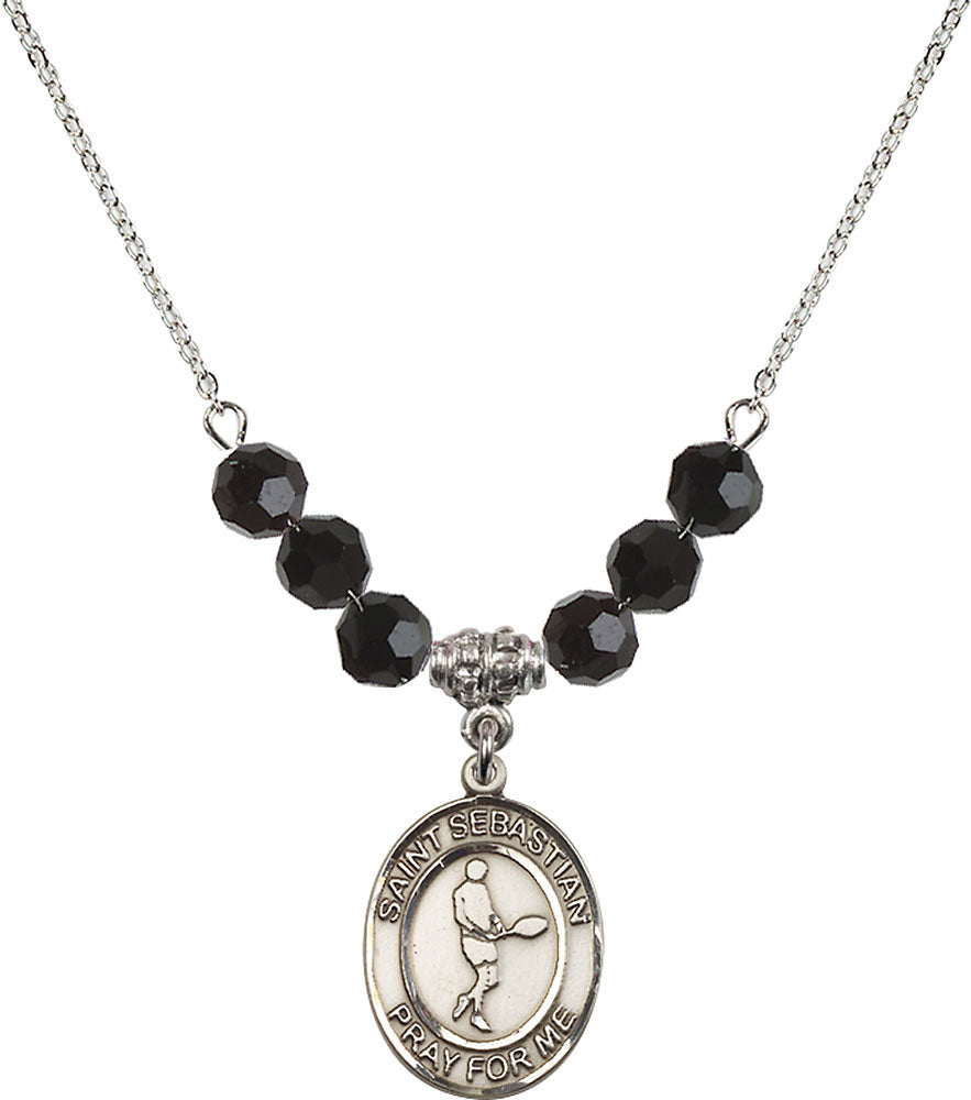 Sterling Silver Saint Sebastian/Tennis Birthstone Necklace with Jet Beads - 8166