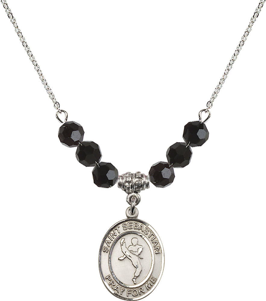 Sterling Silver Saint Sebastian/Martial Arts Birthstone Necklace with Jet Beads - 8168
