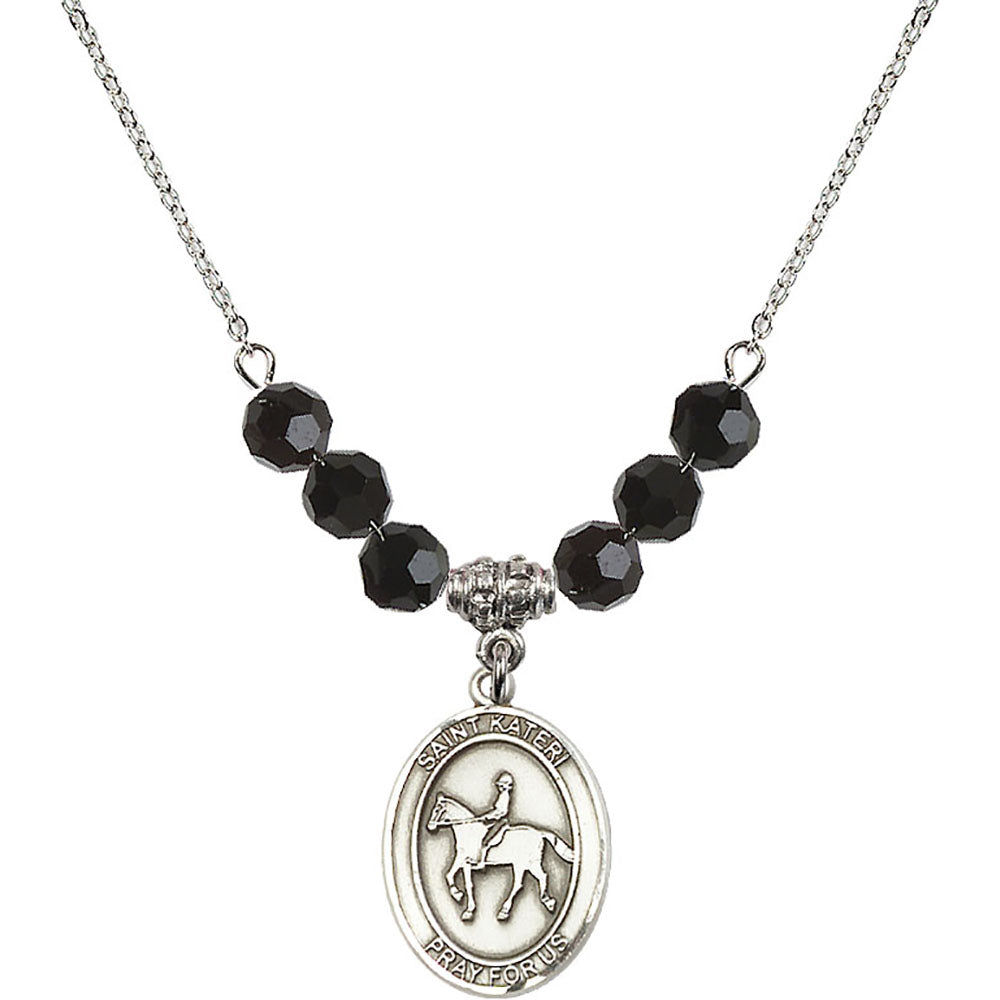 Sterling Silver Saint Kateri/Equestrian Birthstone Necklace with Jet Beads - 8182