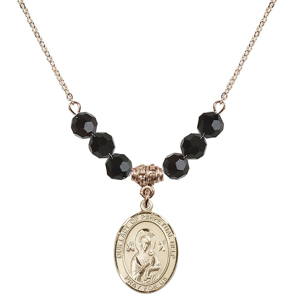 14kt Gold Filled Our Lady of Perpetual Help Birthstone Necklace with Jet Beads - 8222
