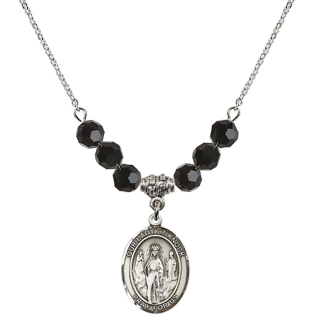 Sterling Silver Our Lady of Knock Birthstone Necklace with Jet Beads - 8246