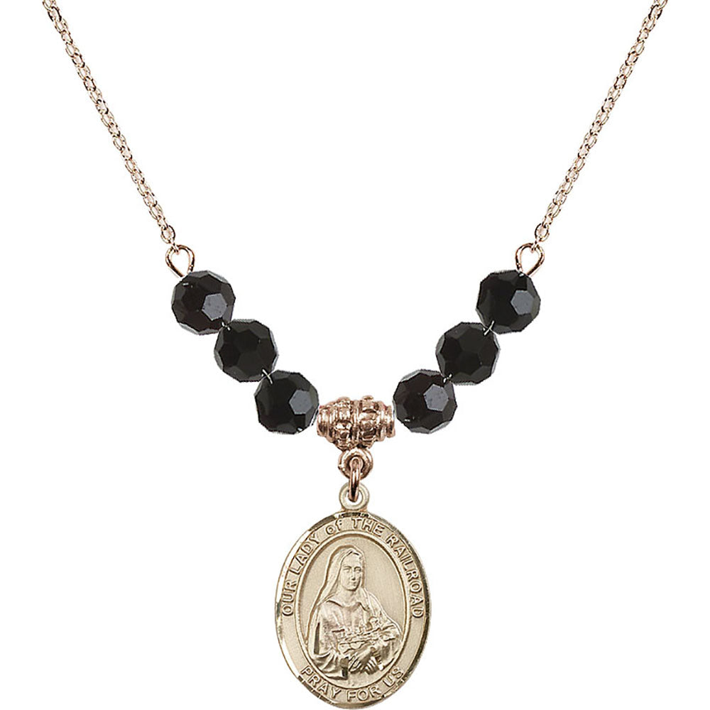 14kt Gold Filled Our Lady of the Railroad Birthstone Necklace with Jet Beads - 8247