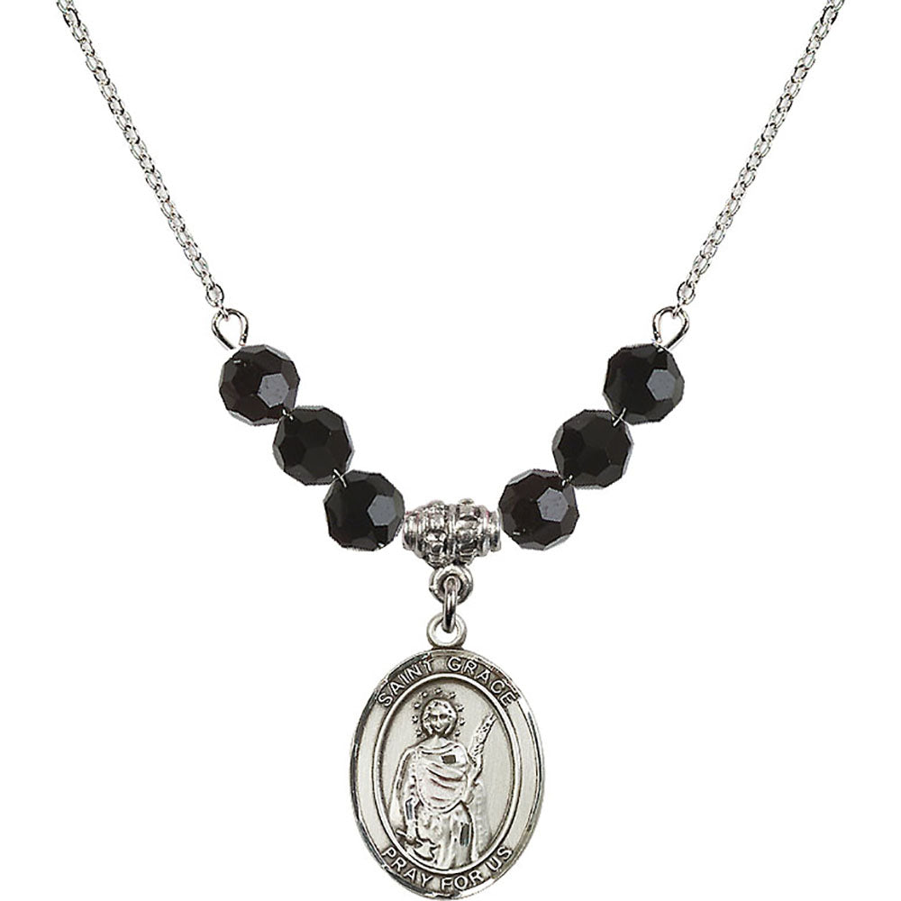 Sterling Silver Saint Grace Birthstone Necklace with Jet Beads - 8255