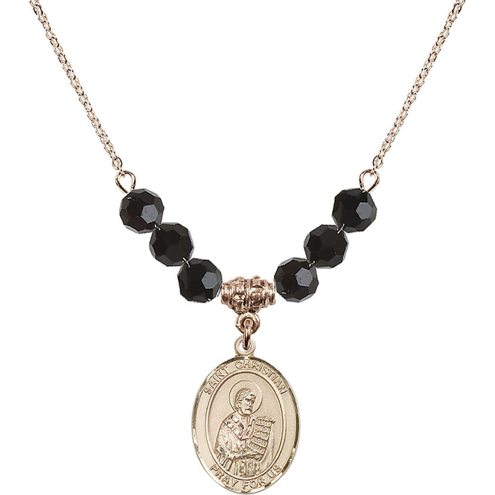 14kt Gold Filled Saint Christian Demosthenes Birthstone Necklace with Jet Beads - 8257