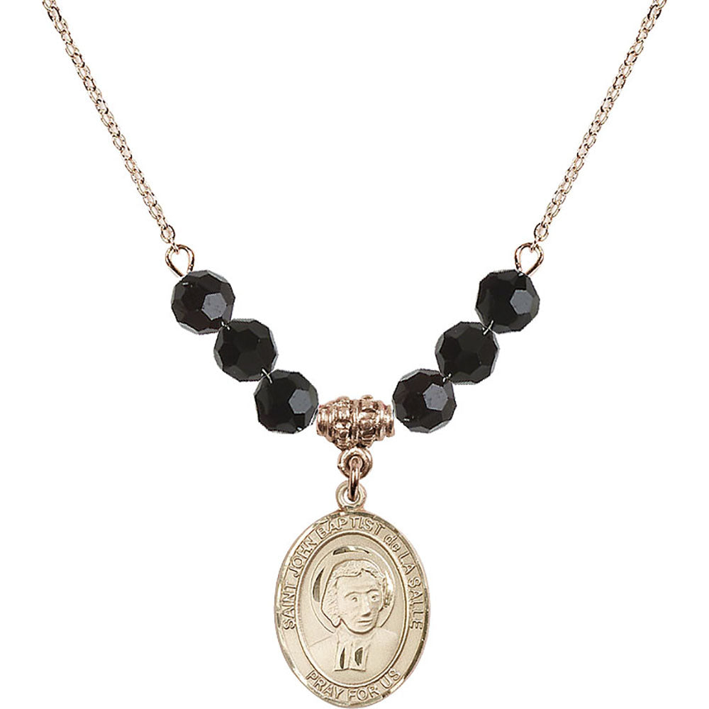 14kt Gold Filled Saint John Baptist de la Salle Birthstone Necklace with Jet Beads - 8262