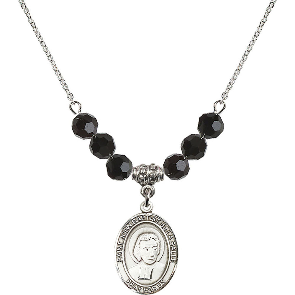 Sterling Silver Saint John Baptist de la Salle Birthstone Necklace with Jet Beads - 8262
