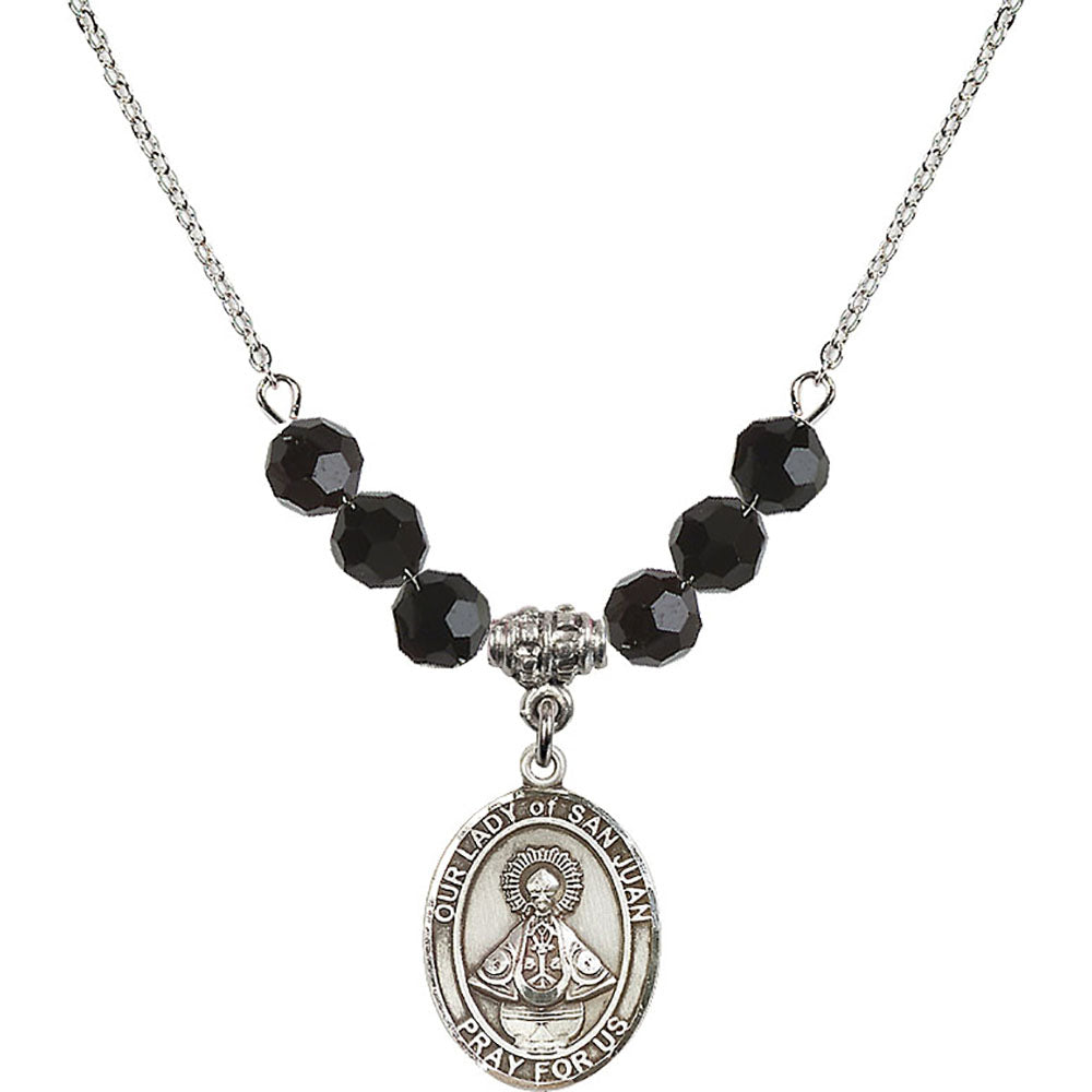 Sterling Silver Our Lady of San Juan Birthstone Necklace with Jet Beads - 8263