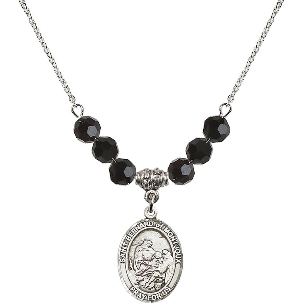 Sterling Silver Saint Bernard of Montjoux Birthstone Necklace with Jet Beads - 8264