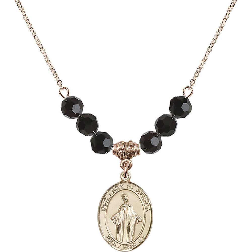 14kt Gold Filled Our Lady of Africa Birthstone Necklace with Jet Beads - 8269