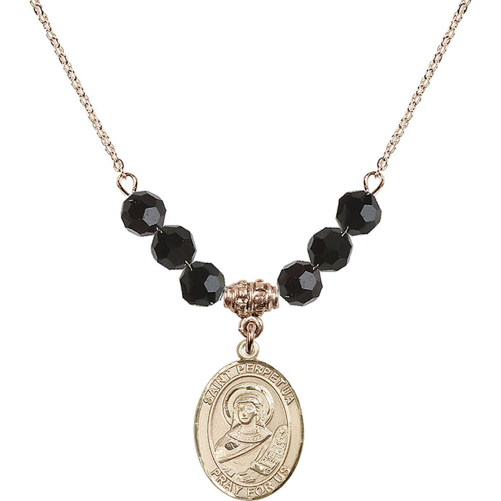 14kt Gold Filled Saint Perpetua Birthstone Necklace with Jet Beads - 8272