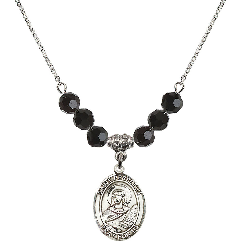 Sterling Silver Saint Perpetua Birthstone Necklace with Jet Beads - 8272