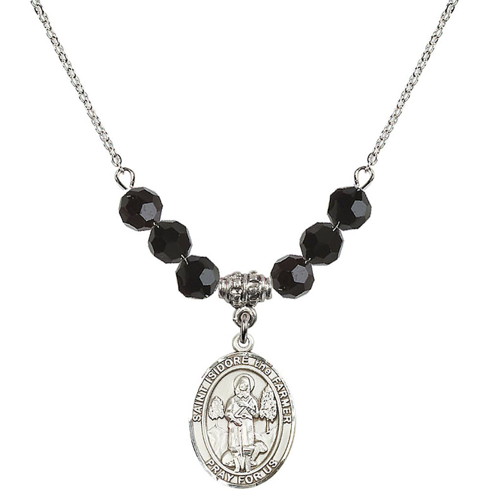 Sterling Silver Saint Isidore the Farmer Birthstone Necklace with Jet Beads - 8276