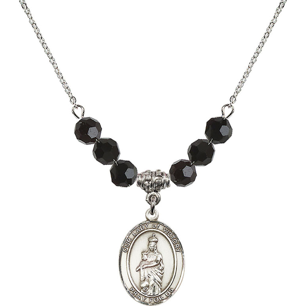 Sterling Silver Our Lady of Victory Birthstone Necklace with Jet Beads - 8306