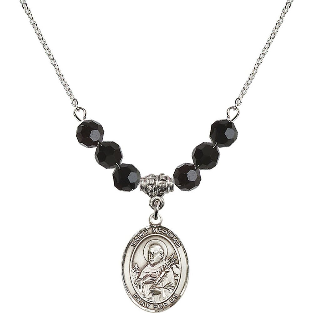 Sterling Silver Saint Meinrad of Einsiedeln Birthstone Necklace with Jet Beads - 8307