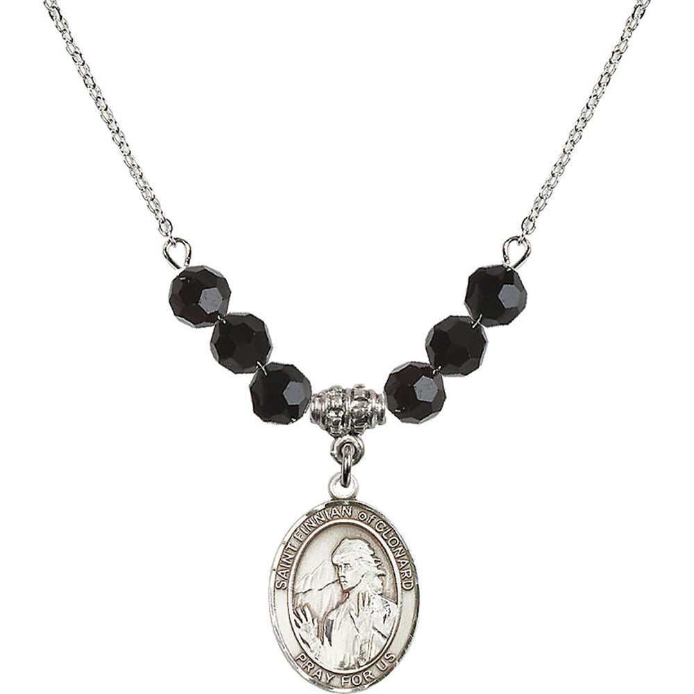 Sterling Silver Saint Finnian of Clonard Birthstone Necklace with Jet Beads - 8308