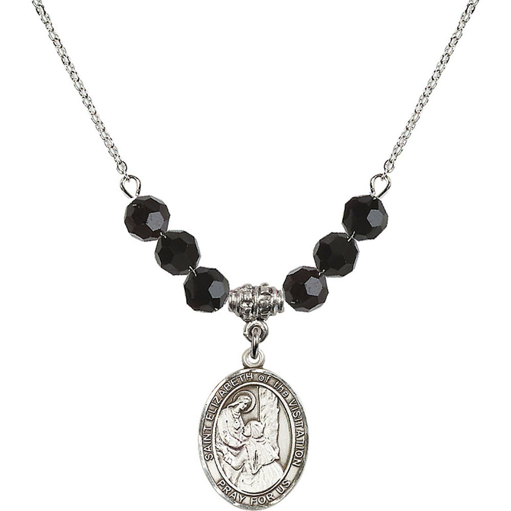 Sterling Silver Saint Elizabeth of the Visitation Birthstone Necklace with Jet Beads - 8311