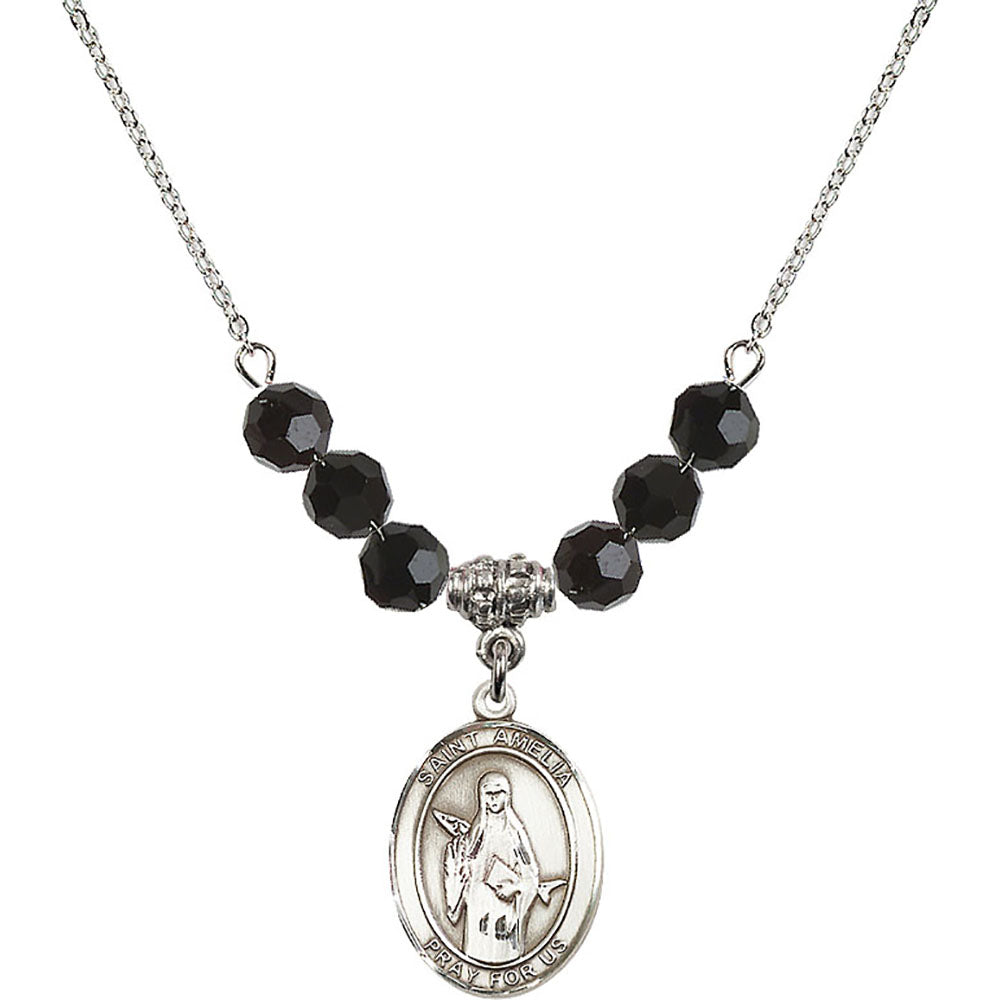 Sterling Silver Saint Amelia Birthstone Necklace with Jet Beads - 8313