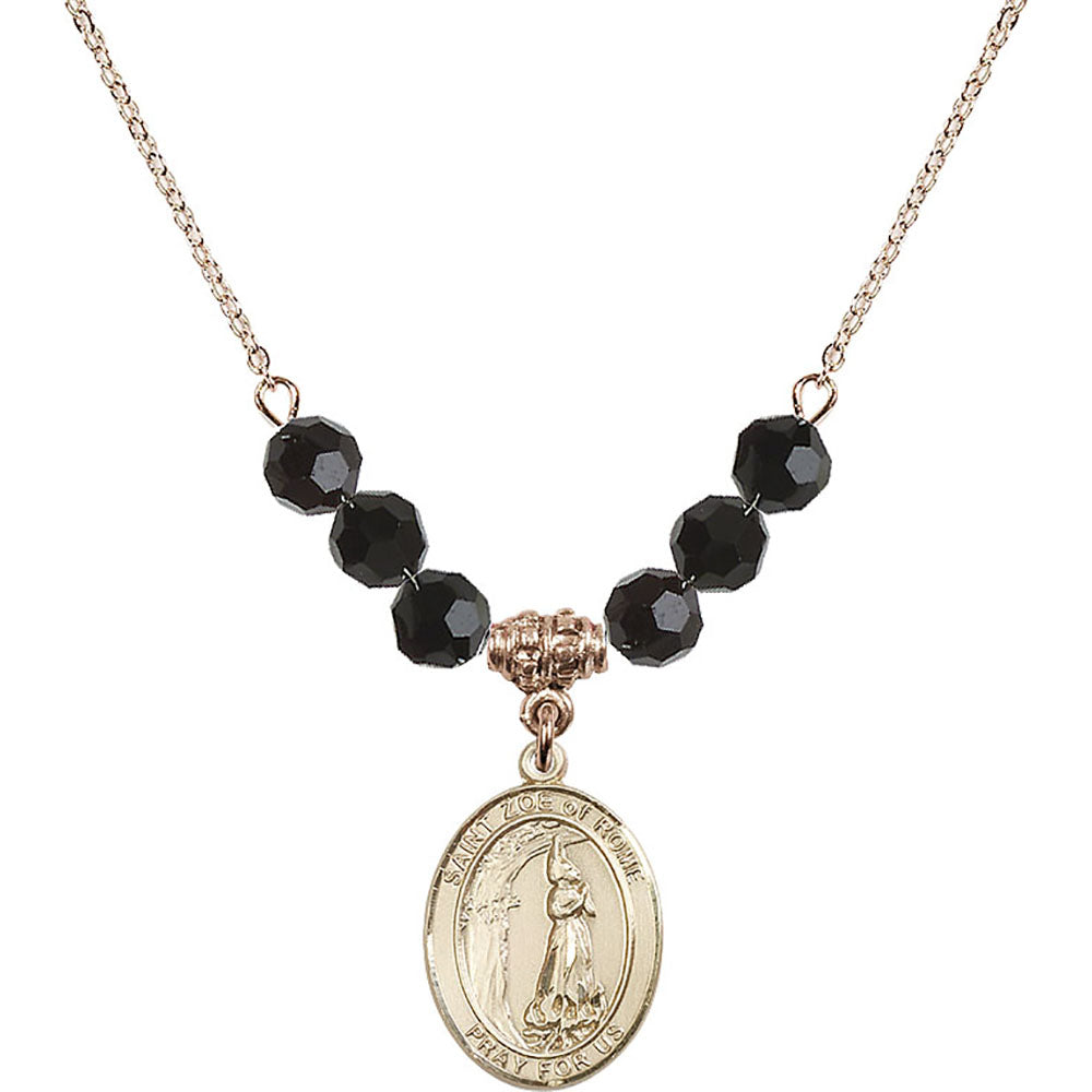 14kt Gold Filled Saint Zoe of Rome Birthstone Necklace with Jet Beads - 8314
