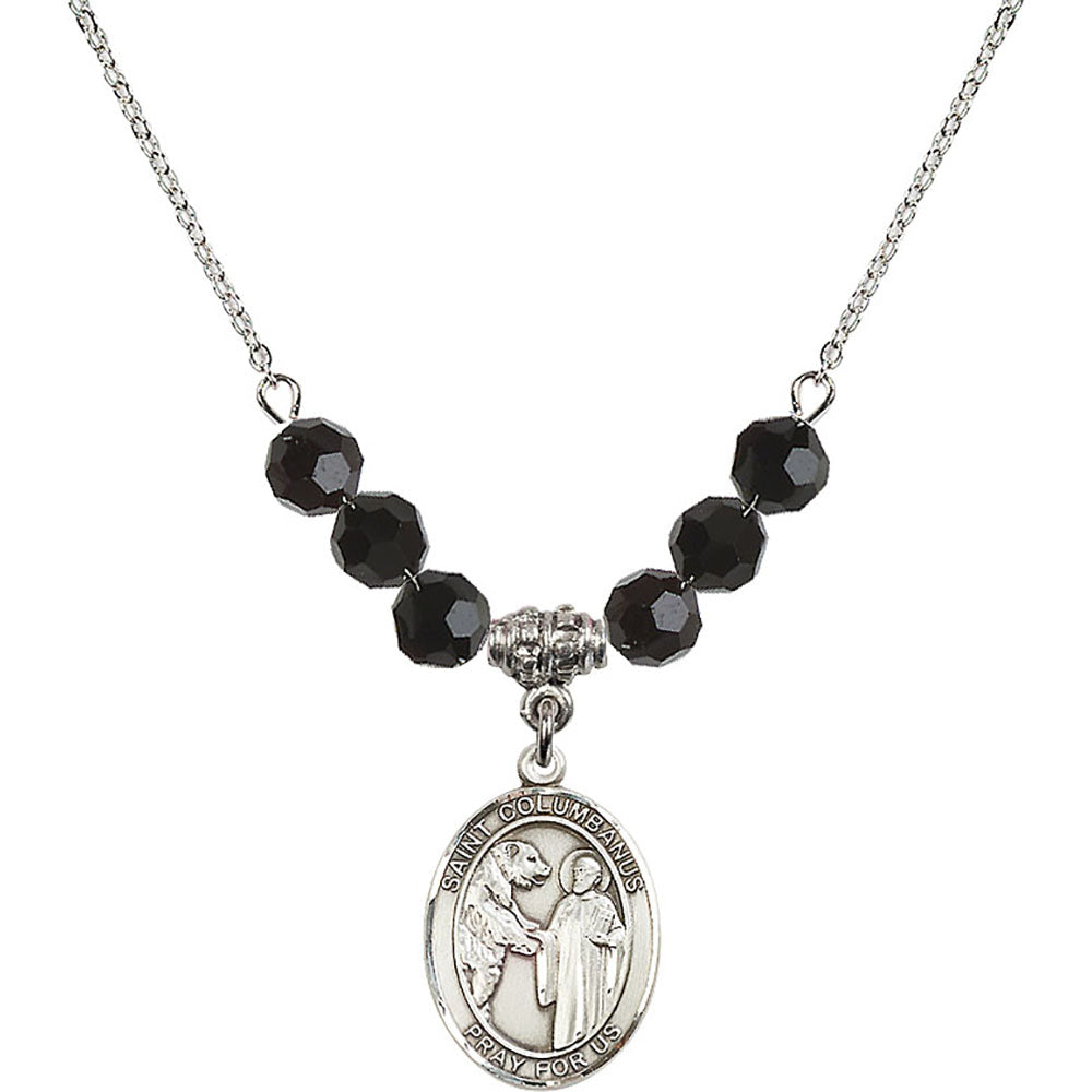 Sterling Silver Saint Columbanus Birthstone Necklace with Jet Beads - 8321