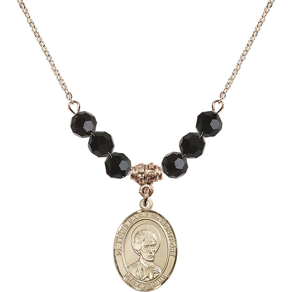 14kt Gold Filled Saint Louis Marie de Montfort Birthstone Necklace with Jet Beads - 8330
