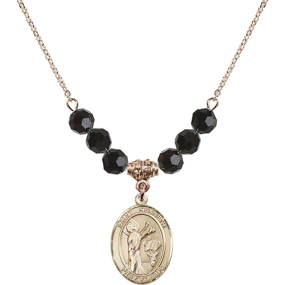 14kt Gold Filled Saint Kenneth Birthstone Necklace with Jet Beads - 8332