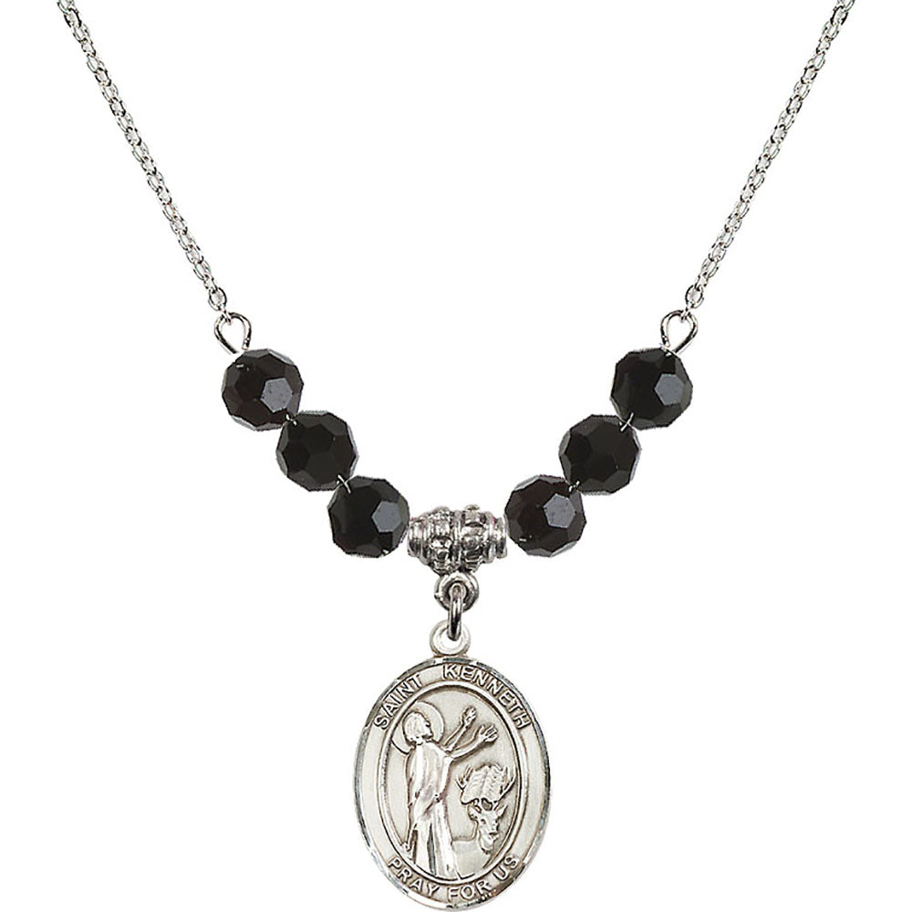 Sterling Silver Saint Kenneth Birthstone Necklace with Jet Beads - 8332
