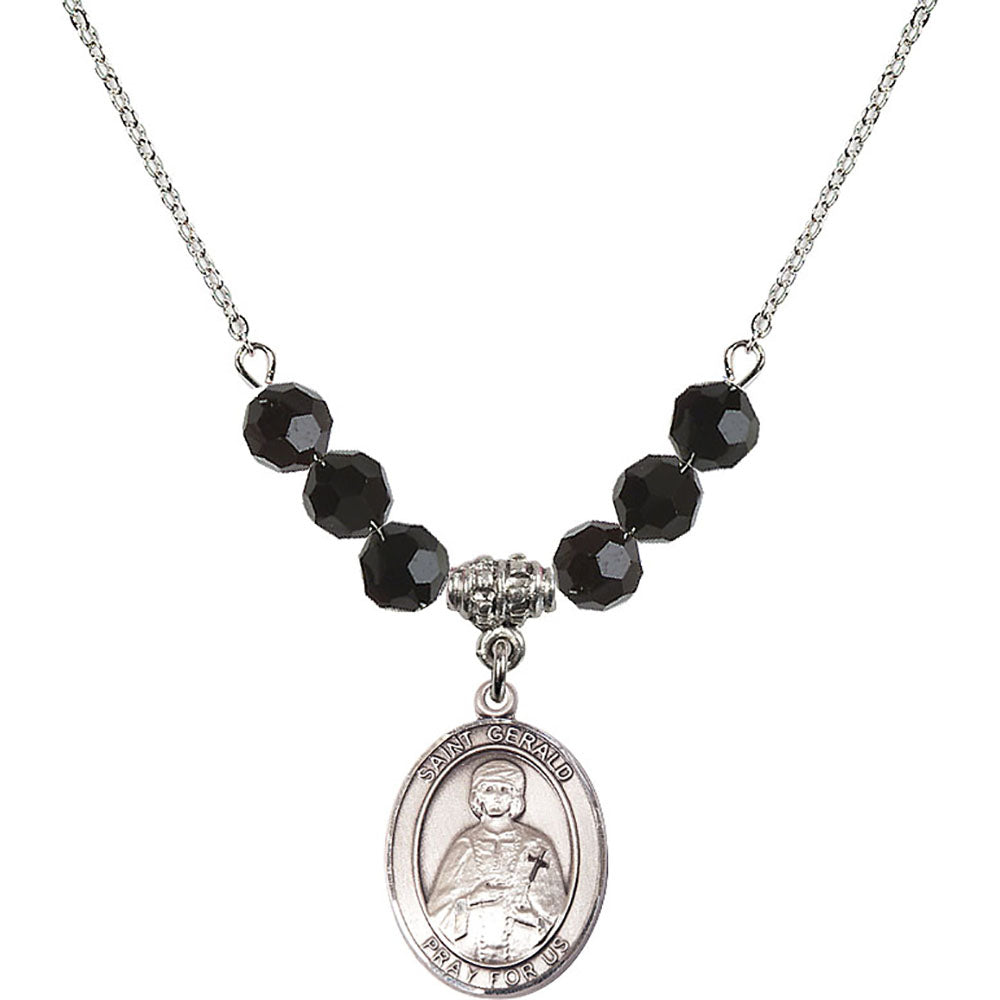 Sterling Silver Saint Gerald Birthstone Necklace with Jet Beads - 8404