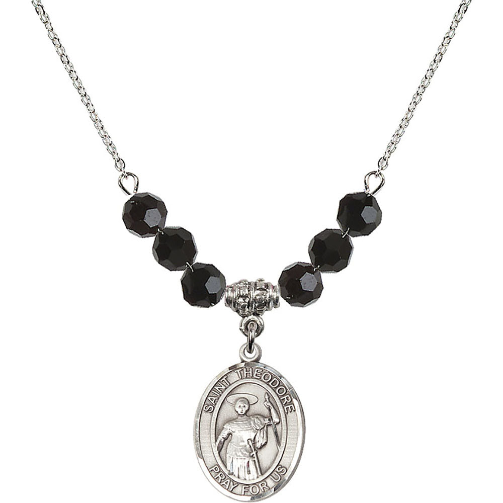 Sterling Silver Saint Theodore Stratelates Birthstone Necklace with Jet Beads - 8415