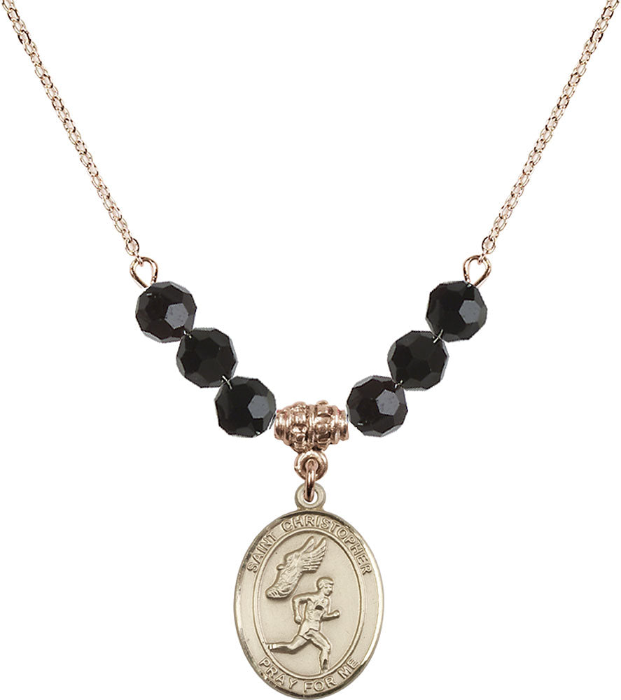 14kt Gold Filled Saint Christopher/Track&Field-Men Birthstone Necklace with Jet Beads - 8509