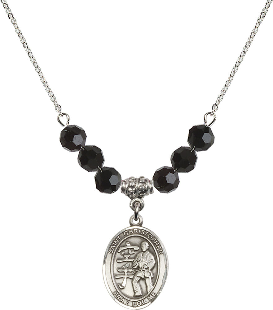 Sterling Silver Saint Christopher / Karate Birthstone Necklace with Jet Beads - 8515