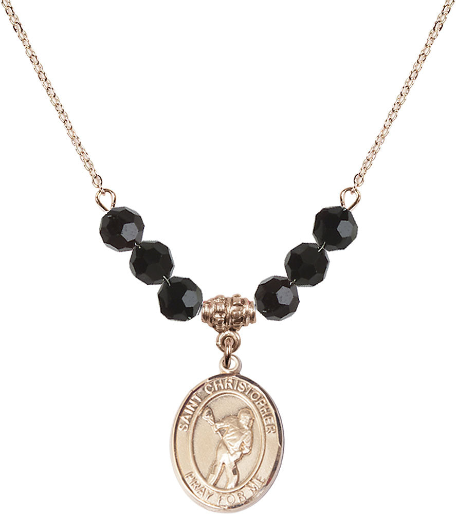 14kt Gold Filled Saint Christopher/Lacrosse Birthstone Necklace with Jet Beads - 8516