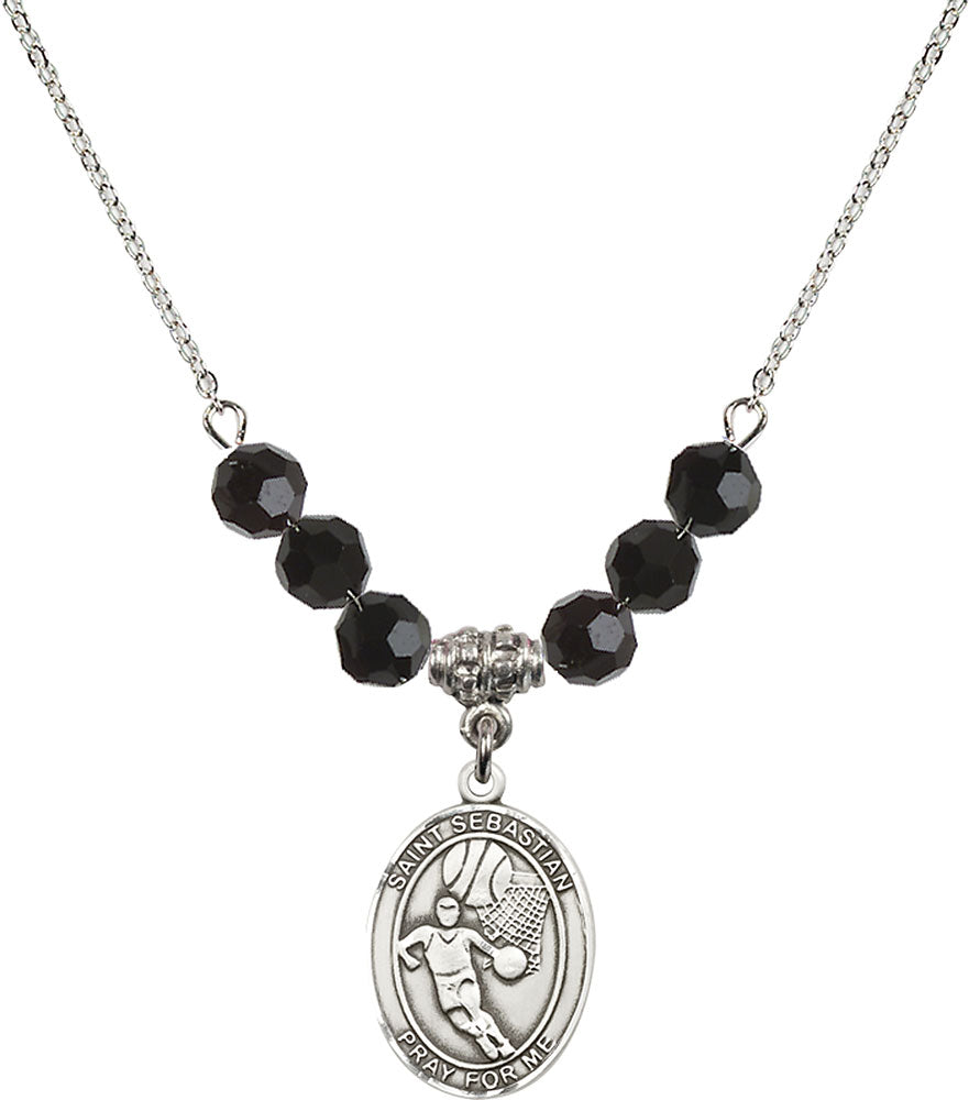 Sterling Silver Saint Sebastian/Basketball Birthstone Necklace with Jet Beads - 8602