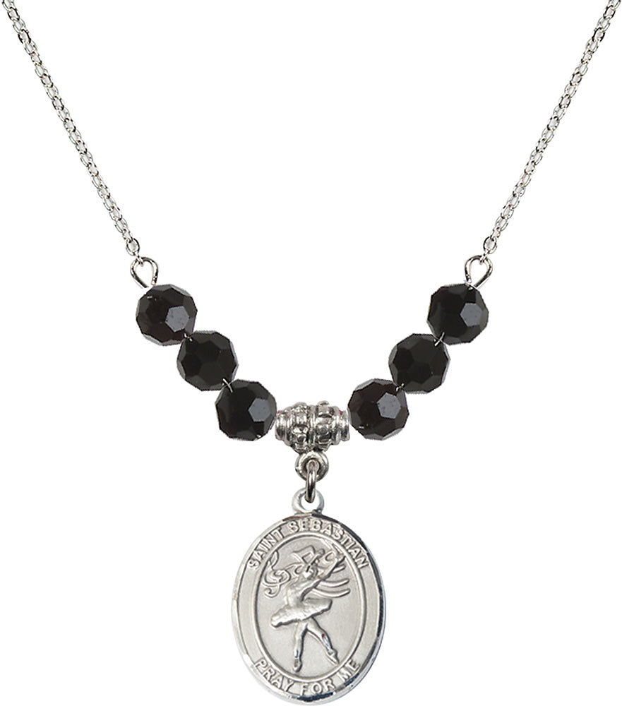 Sterling Silver Saint Sebastian / Dance Birthstone Necklace with Jet Beads - 8612