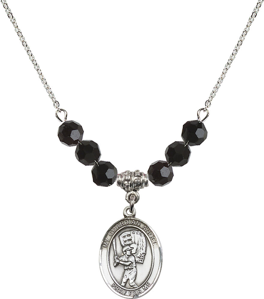 Sterling Silver Guardian Angel/Baseball Birthstone Necklace with Jet Beads - 8700