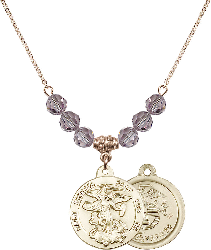 14kt Gold Filled Saint Michael / Marines Birthstone Necklace with Light Amethyst Beads - 0342