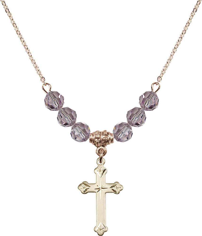 14kt Gold Filled Cross Birthstone Necklace with Light Amethyst Beads - 0667