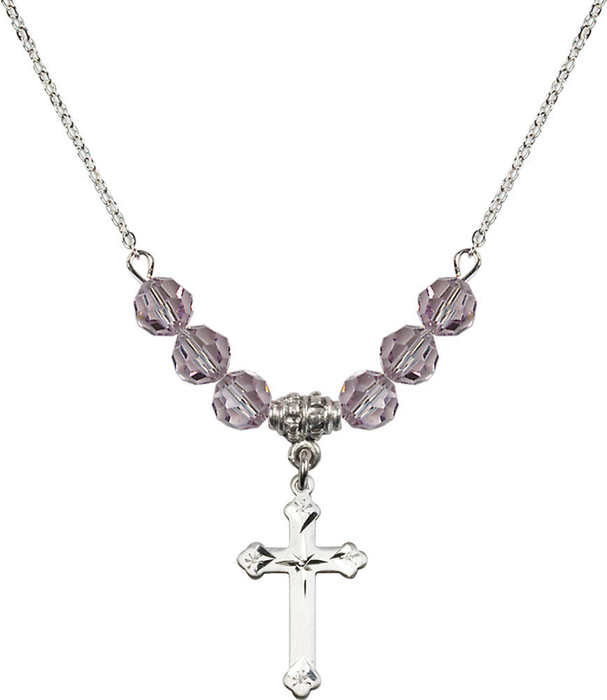 Sterling Silver Cross Birthstone Necklace with Light Amethyst Beads - 0667
