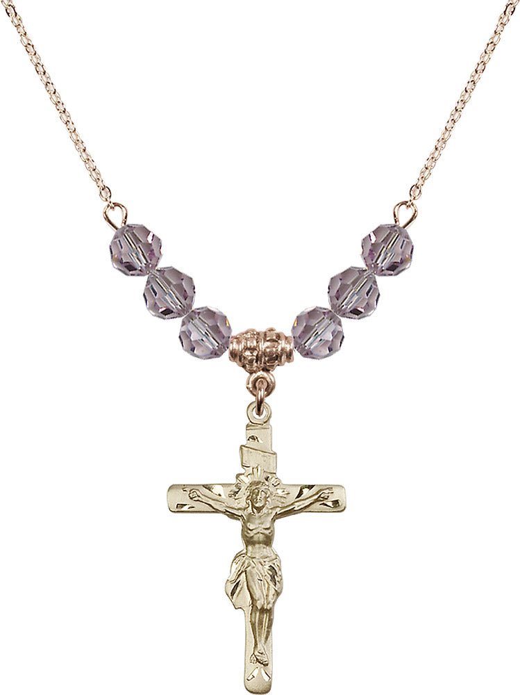 14kt Gold Filled Crucifix Birthstone Necklace with Light Amethyst Beads - 0668