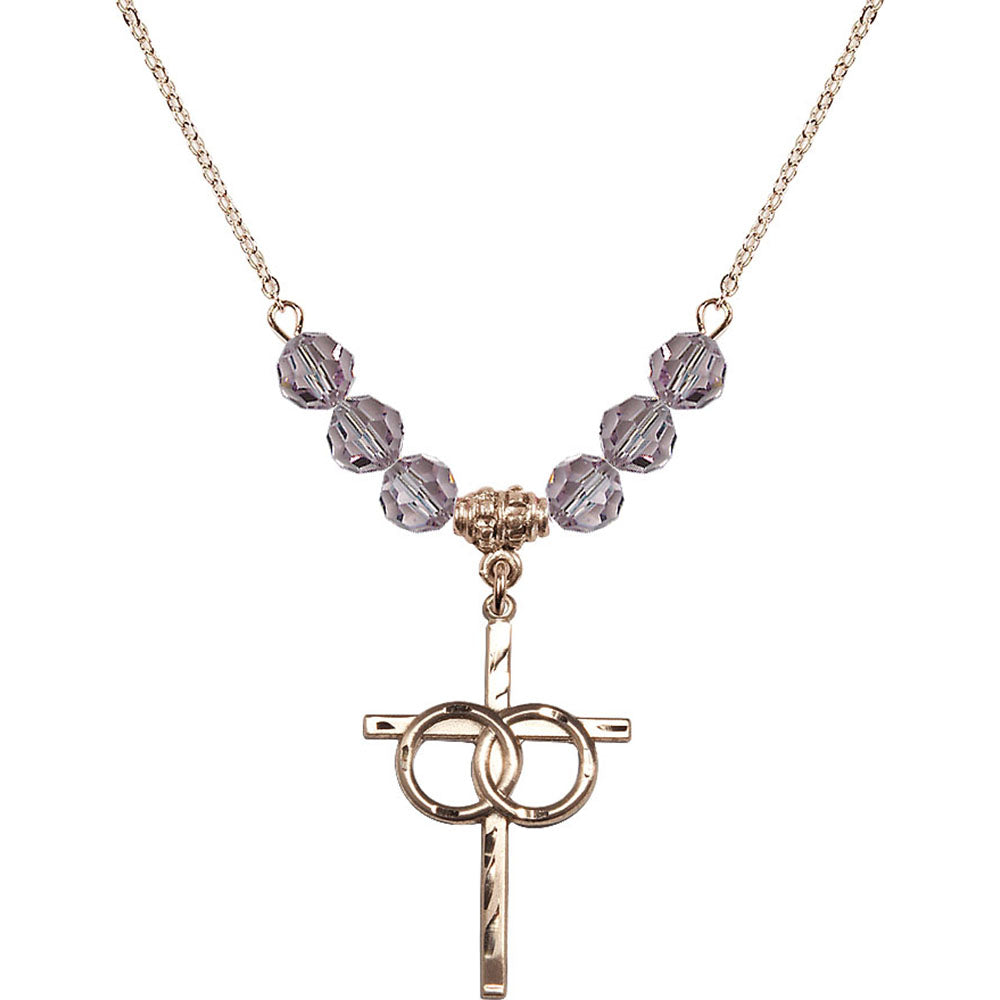 14kt Gold Filled Wedding Rings Cross Birthstone Necklace with Light Amethyst Beads - 0671