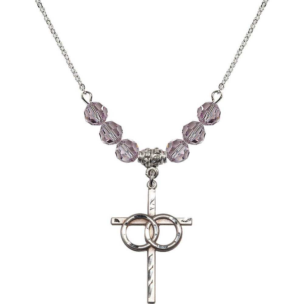 Sterling Silver Wedding Rings Cross Birthstone Necklace with Light Amethyst Beads - 0671